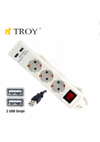 Troy 24023 USB Girişli Üçlü Grup Priz ve Uzatma Kablosu