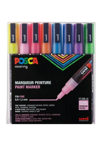 Uni-Ball Posca 0.9-1.3 Su Bazlı Poster Markörü Simli 8 Li PC-3M/8C