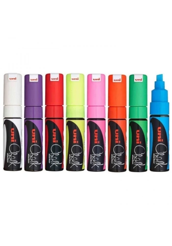 Uni Chalk 8 mm Kesik Uç Su Bazlı Sıvı Tebeşir Kalemi Seti 8 Renk