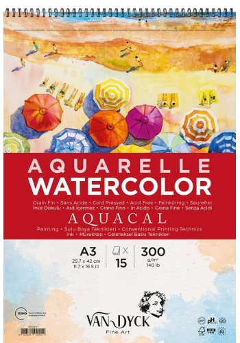 Van Dyck Aquacal Cold Pres İnce Dokulu Spiralli Sulu Boya Defteri Blok 300 gr. A3 15 yaprak