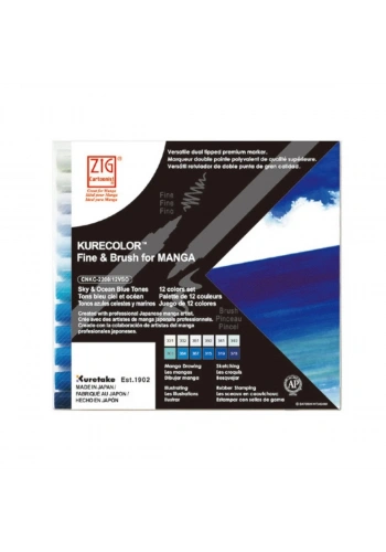 Zig Kurecolor Mangaka Fine&Brush Çift Taraflı Kalem CNKC-2200 Sky and Ocean Blue Tones 12li Set