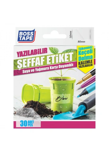 BOSS TAPE 6518 SUYA DAYANIKLI YAZILABİLİR ETİKET ŞEFFAF 50x80mm 30LU
