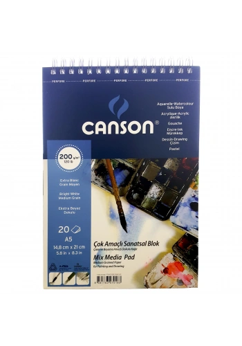 Canson Mix Media Pad Çok Amaçlı Resim Defteri A5 200gr 20yp Spiralli