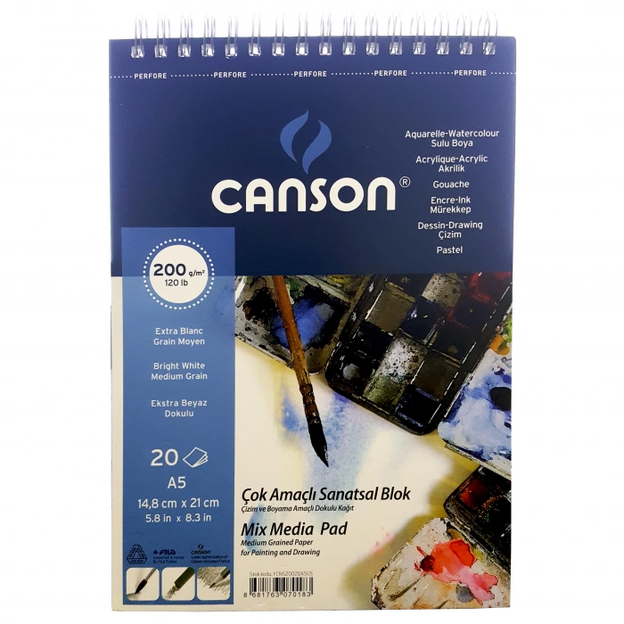 Canson Mix Media Pad Çok Amaçlı Resim Defteri A5 200gr 20yp Spiralli