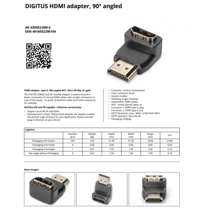 DİGİTUS AK-330502-000-S HDMİ L ADAPTÖR (ERKEK DİŞİ)