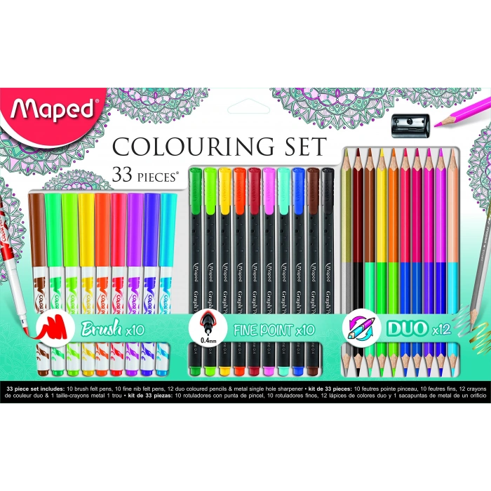 Maped Okul Seti 33lü 10le Brush Fineliner + 12 Renk Set Duo Boya