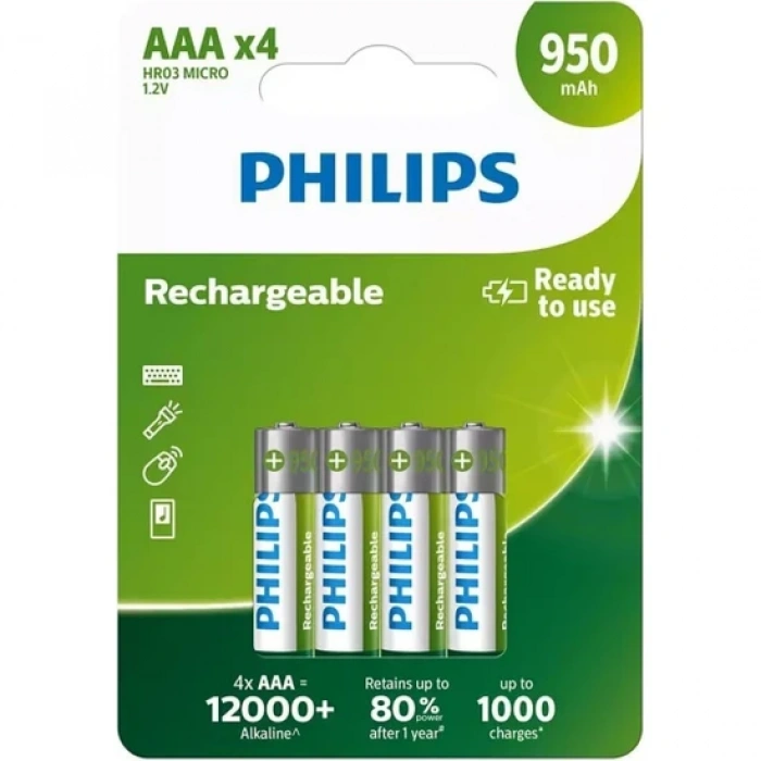 PHİLİPS R03B4A95-10 ŞARJLI AAA İNCE KALEM PİL 950mAh 4LÜ BLİSTER
