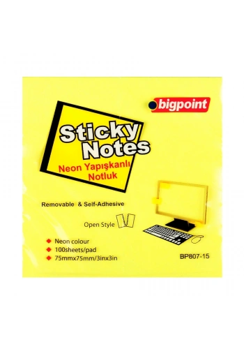 Bigpoint BP807 Yapışkanlı Not Kağıdı Neon Sarı (75x75mm)