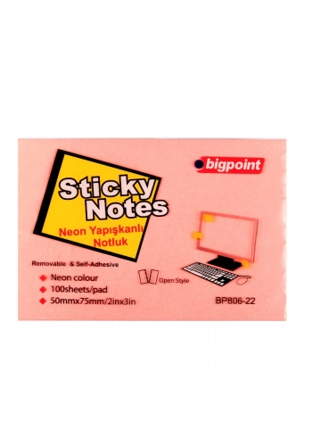 Bigpoint Yapışkanlı Not Kağıdı 75x50mm Neon Pembe