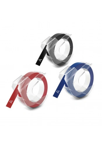 DYMO 3D Kabartma Şerit 9mm x 3mt (Siyah/Mavi/Kırmızı 3 lü Paket)