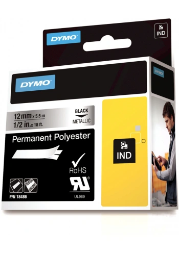 DYMO Rhino 18486 Polyester Şerit 12mmx5,5m Metalikgri/Siyah