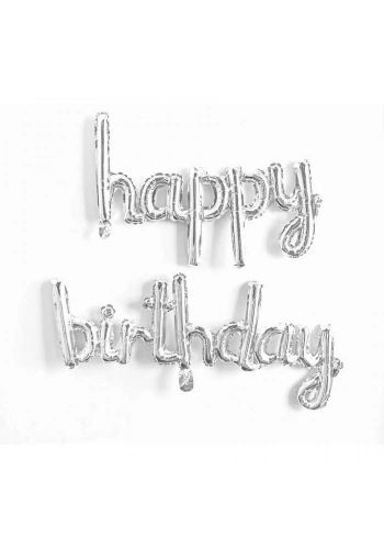 Happy Birthday El Yazısı Gümüş Renk Folyo Balon