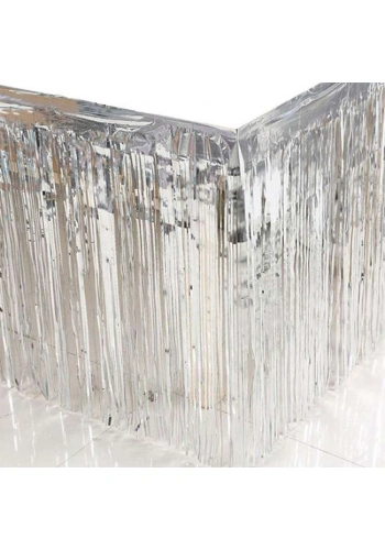 Metalik Püsküllü Gümüş Masa Eteği 70x300 cm