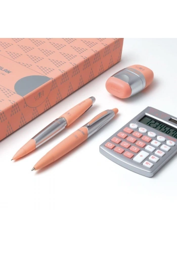 Milan Hediyelik Hesap Makinesi Tükenmez ve Kurşun Kalem Kalemtraş Set Gümüş Pembe
