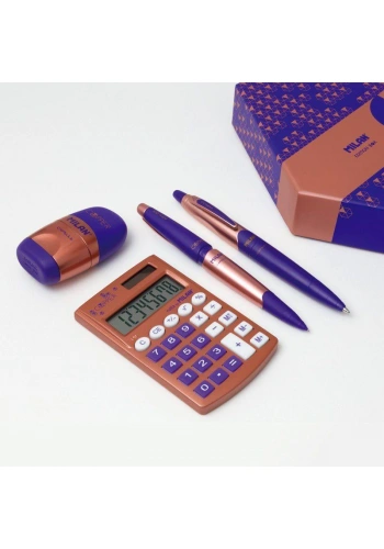 Milan Hediyelik Hesap Makinesi Tükenmez ve Kurşun Kalem Kalemtraş Set Mor