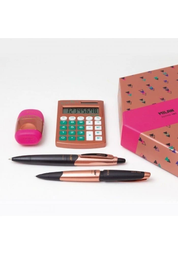 Milan Hediyelik Hesap Makinesi Tükenmez ve Kurşun Kalem Kalemtraş Set Pembe