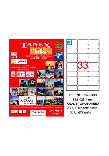 TANEX 2033 LASER ETİKET 63x25mm 33x100 3300 ADET