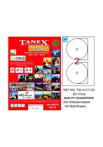 TANEX 3117 LASER CD ETİKETİ 117mm 2x100 200 ADET