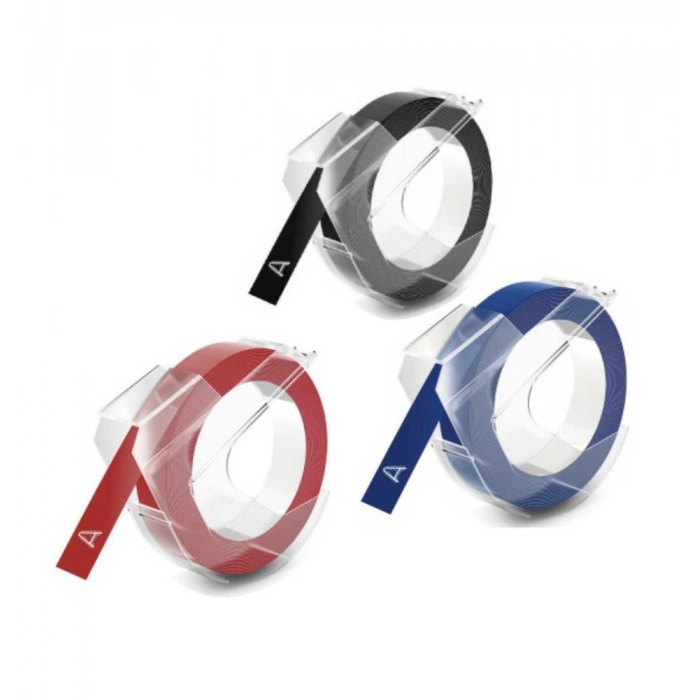 DYMO 3D Kabartma Şerit 9mm x 3mt (Siyah/Mavi/Kırmızı 3 lü Paket)