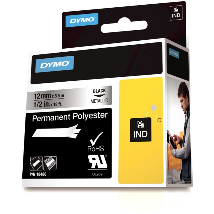 DYMO Rhino 18486 Polyester Şerit 12mmx5,5m Metalikgri/Siyah