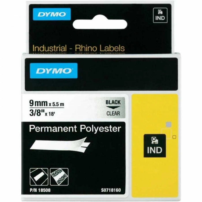 DYMO Rhino Pro 18508 Sabit Polyester Şerit 9mmx5,5m Şeffaf/Siyah