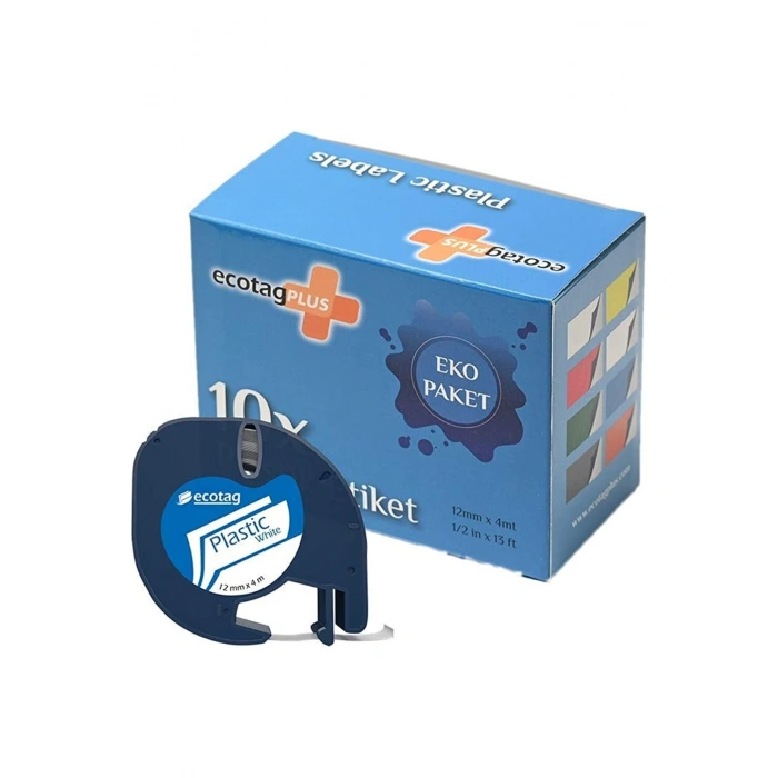 Ecotag Dymo Letratag Etiket Muadili 12 Mm X 4 Mt Plastik Beyaz 10 Lu Paket