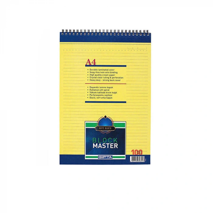 Gıpta Block Master Spiralli Karton Kapak Çizgili Bloknot A4 100 Yaprak