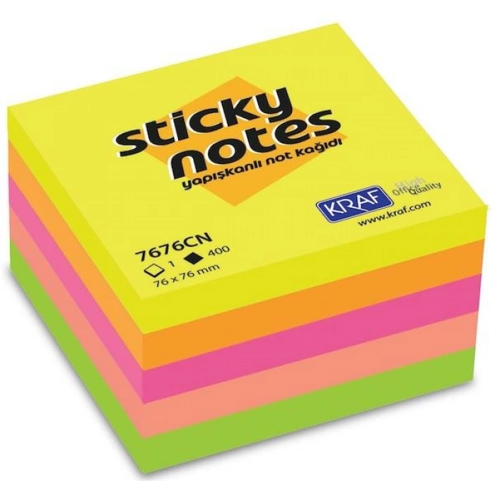 Kraf Yapışkanlı Küp Not Kağıdı 76x76 Neon Karışık Renkler 7676CN