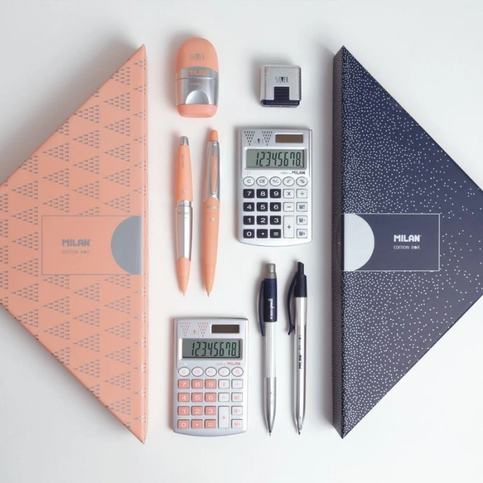 Milan Hediyelik Hesap Makinesi Tükenmez ve Kurşun Kalem Kalemtraş Set Gümüş Pembe