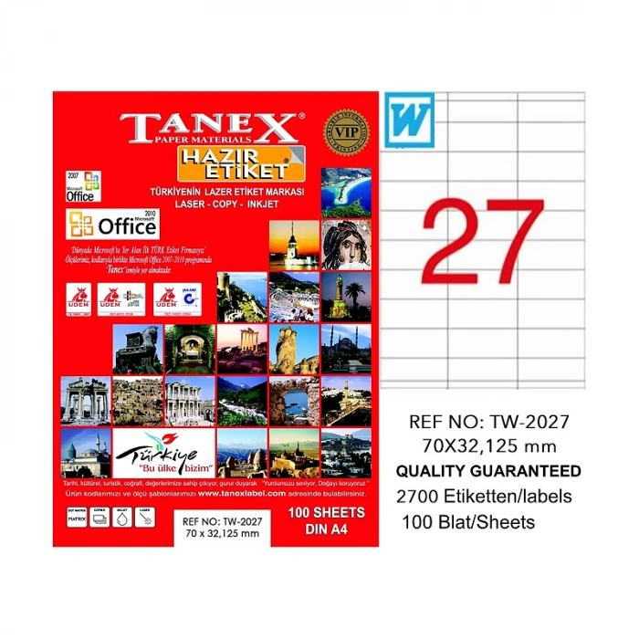 TANEX 2027 LASER ETİKET 70x32mm 27x100 2700 ADET