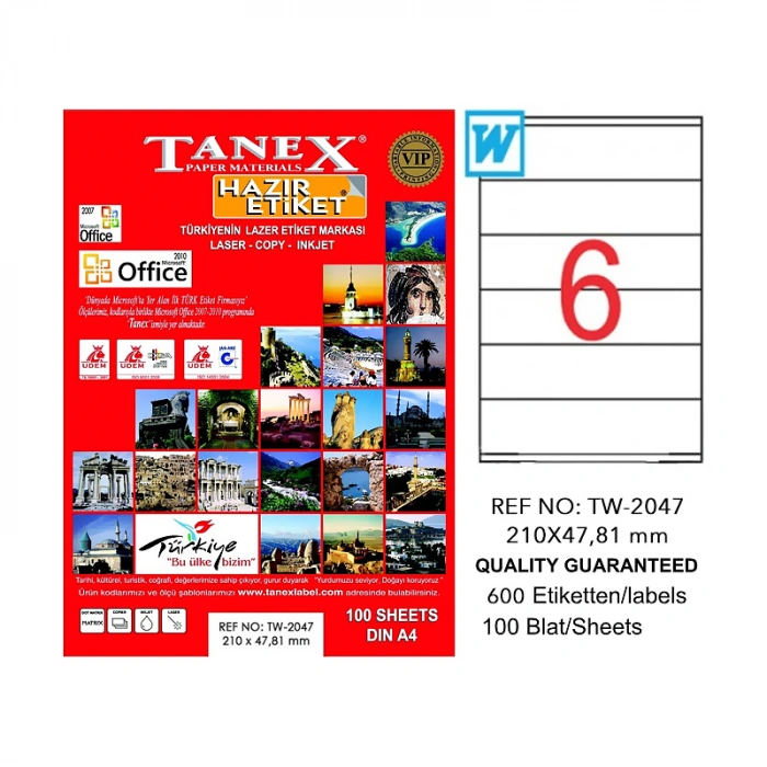 TANEX 2047 LASER ETİKET 210x47.81mm 6x100 600 ADET