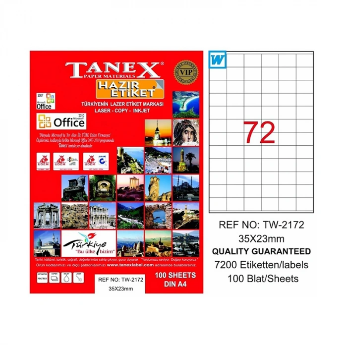 TANEX 2172 LASER ETİKET 35x23mm 72x100 7200 ADET