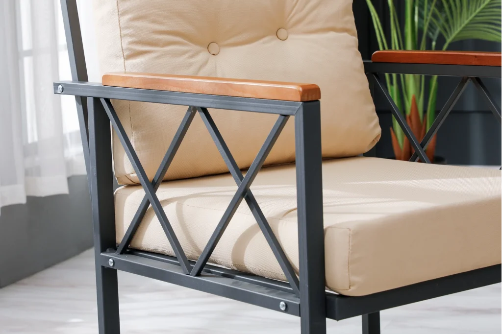 Bahçe Balkon Çay Seti Tekli Koltuk Krem - Metal Çerçeveli Minderli