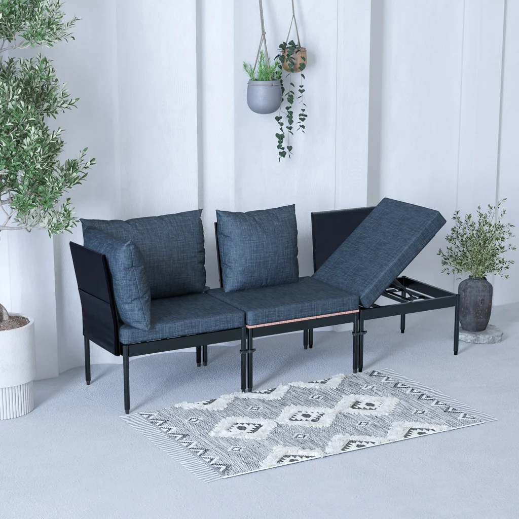 Mini Multilounge Siyah Küçük Balkon Mobilyası – Şezlong ve Köşe Bahçe Seti