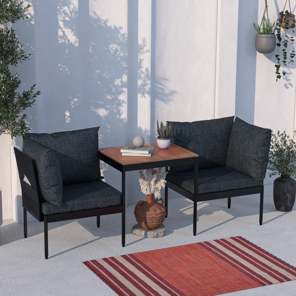 Mini Multilounge Siyah Küçük Balkon Mobilyası – Şezlong ve Köşe Bahçe Seti