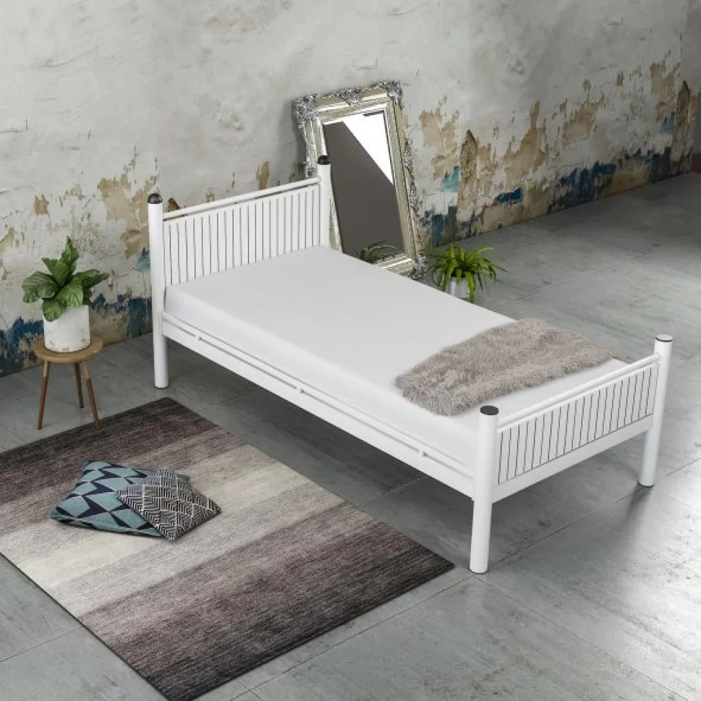 Limni Home; Bistro Tek Kişilik Ferforje Metal Karyola, Sunta Lam Başlık, Beyaz