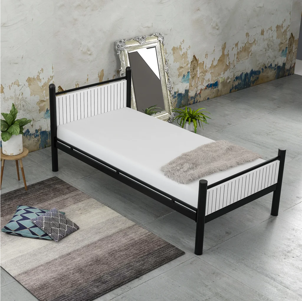 Limni Home; Bistro Tek Kişilik Ferforje Metal Karyola, Sunta Lam Başlık, Siyah