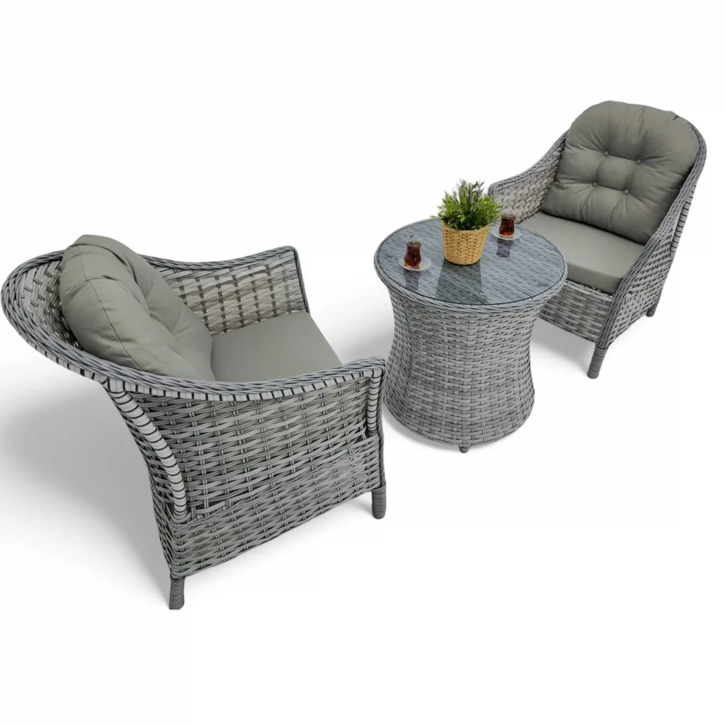 Vento Rattan Balkon Takımı - 2’li Sehpalı Gri Oturma Seti