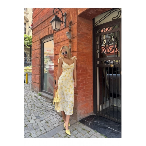 Çiçek Desenli Astarlı Omuz Bağlamalı Sarı Büzgü Detaylı Elbise