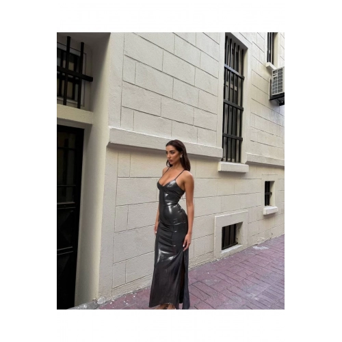 Parlak Askılı Yırtmaç Detaylı Antrasit Elbise