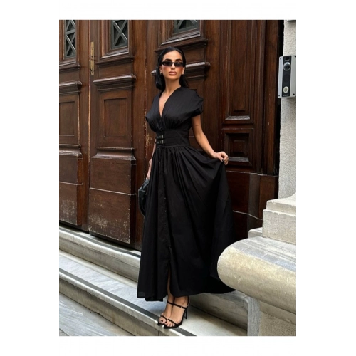 Kuşak Detaylı V Yaka Kısa Kollu Maxi Elbise