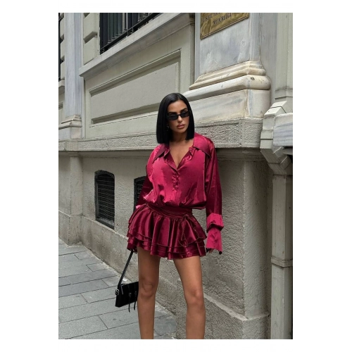 Saten Volan Etekli Gömlek Bordo Elbise