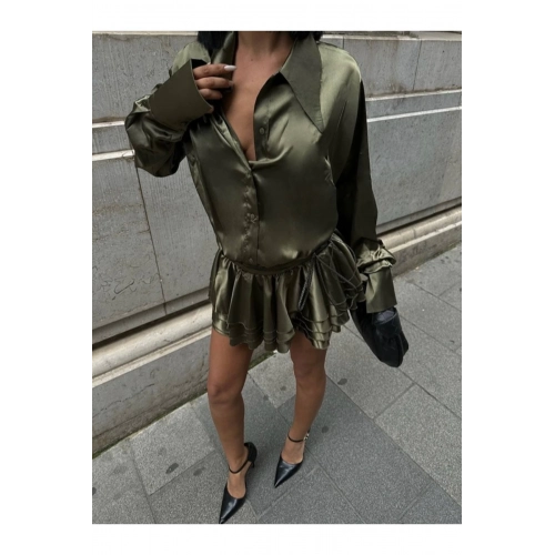 Kadın Saten Volanlı Bel Detaylı Uzun Kol Gömlek Elbise