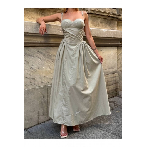 Prenses İnce Askılı Kalp Yaka Uzun Su Yeşili Elbise