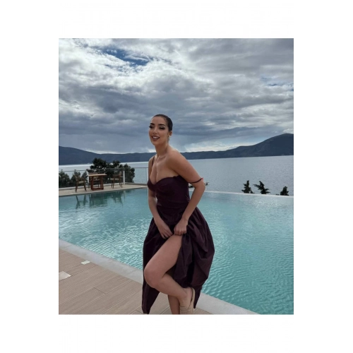 Prenses İnce Askılı Kalp Yaka Uzun Elbise