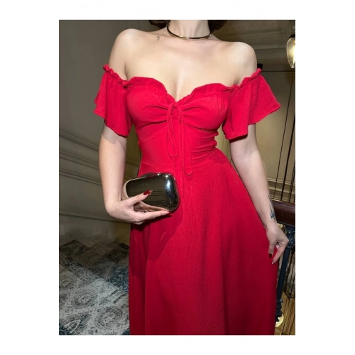 Off-Shoulder Kadın Maxi Boy Aerobin Kumaş Sırt Detaylı Tam Kalıp Elbise