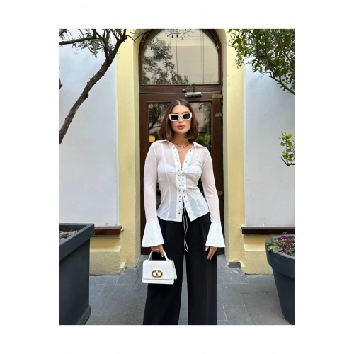 Kadın Beyaz Transparan Gömlek Tül Bağcık Detaylı İspanyol Kol