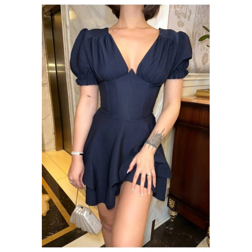 Korse Detaylı Kat Etekli V Yaka Mini Lacivert Elbise