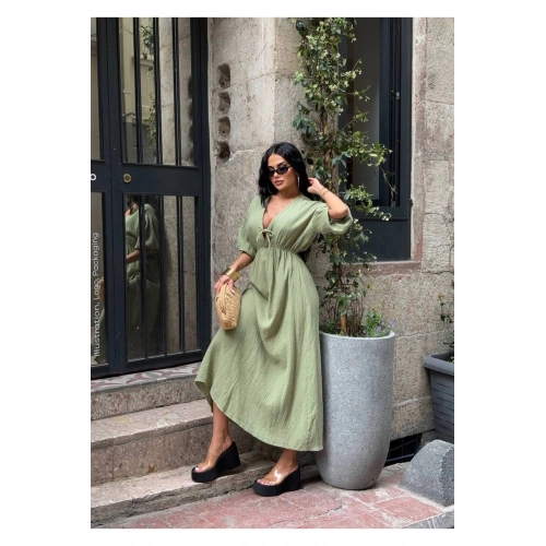 Müslin Keten Dokulu Beli Büzgülü Bağlamalı V Yaka Haki Elbise