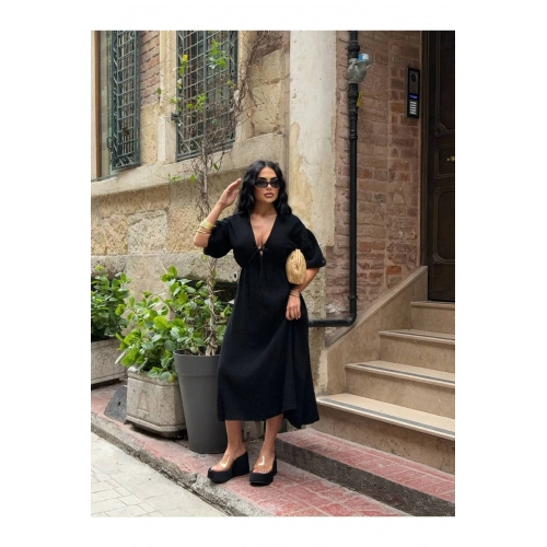 Müslin Keten dokulu beli büzgülü bağlamalı V yaka elbise